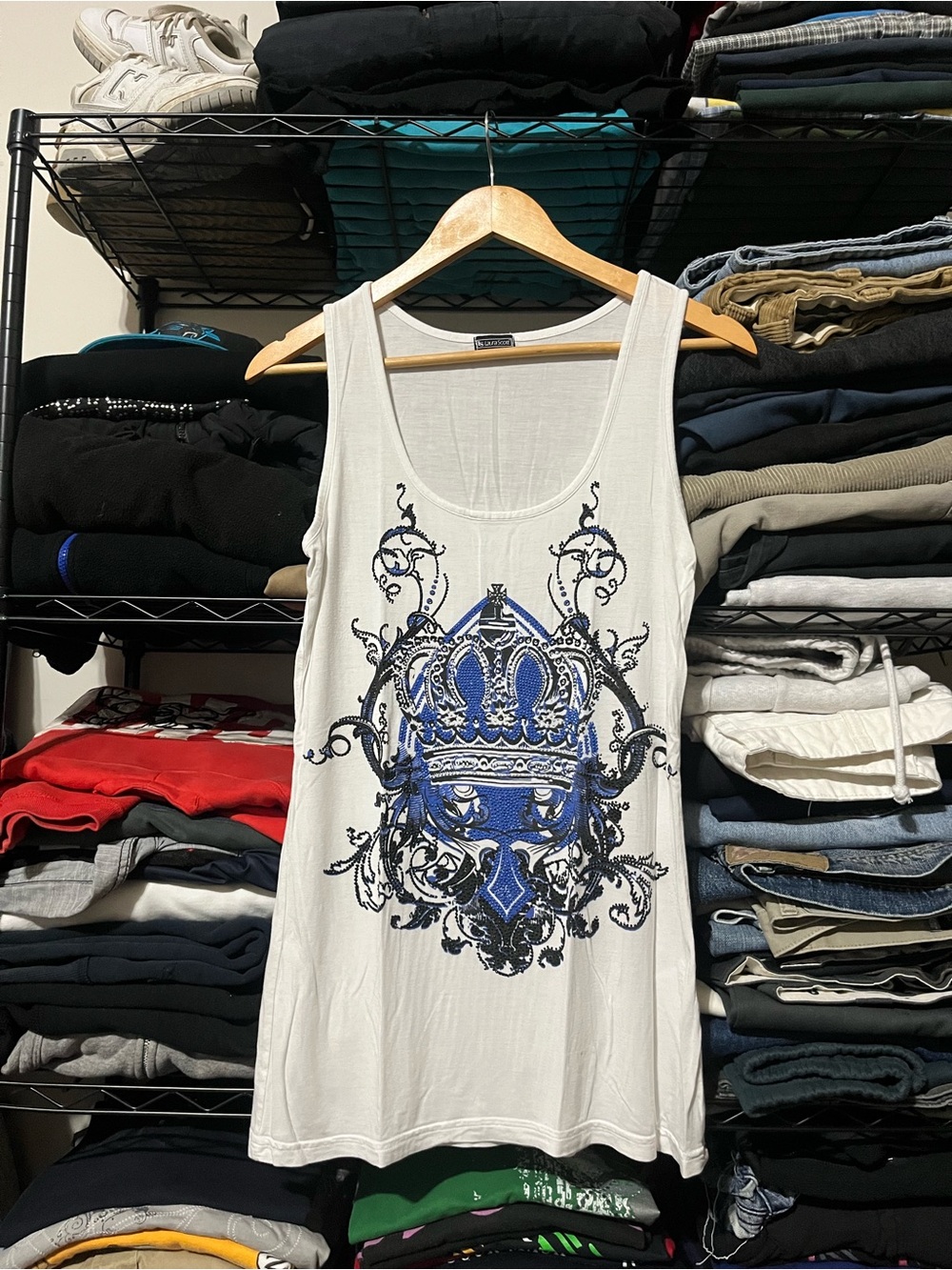 Laura Scott White Tank Top with Blue Crown Graphic